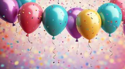 Colorful balloons sway gently as confetti falls during a joyful celebration