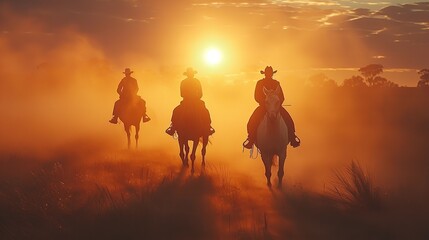 Dynamic Gallop: Horse and Rider Stirring Dust at Sunrise