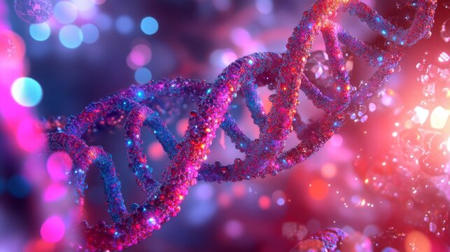 The CRISPR-Cas9 gene editing technology is represented by molecular structures and DNA strands, revealing its potential for genetic engineering and medical research.
