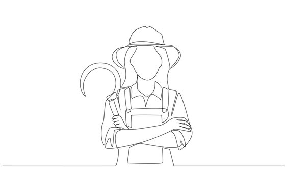 recommend clip art: Continuous one line drawing of female farmer crossing arms on chest and holding sickle, agricultural concept, single line art.
