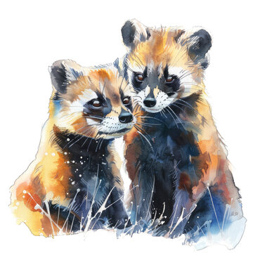 watercolor foxes cuddling, orange and blue clip art preview
