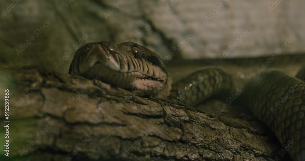 Poster snake resting on rough tree branch, emphasizing its natural texture and stealth in dimly lit forest 
