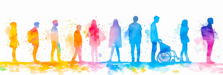 Watercolor silhouettes of people of different ages, the concept of Family Day, the importance of mutual understanding between generations, support for mental and mental health, psychology. The banner