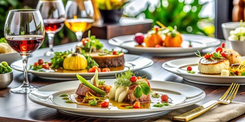 Freshly prepared gourmet dishes beautifully presented on a elegant table setting, showcasing a delectable selection of mouth-watering cuisine from a high-end restaurant menu.