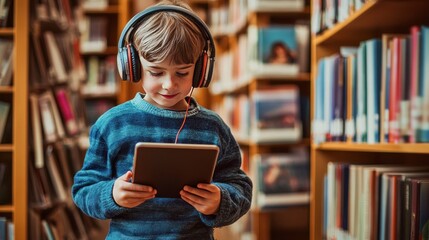 Child in library wearing headphones and holding tablet in hand