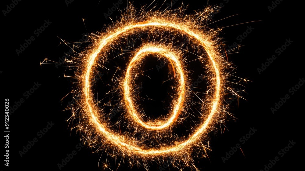 Poster the image is a close up of a glowing letter o. the letter is surrounded by a circle of sparks, creat