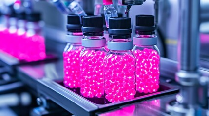 This futuristic image is of a viral particle production line that emphasizes biotechnology and synthetic biology