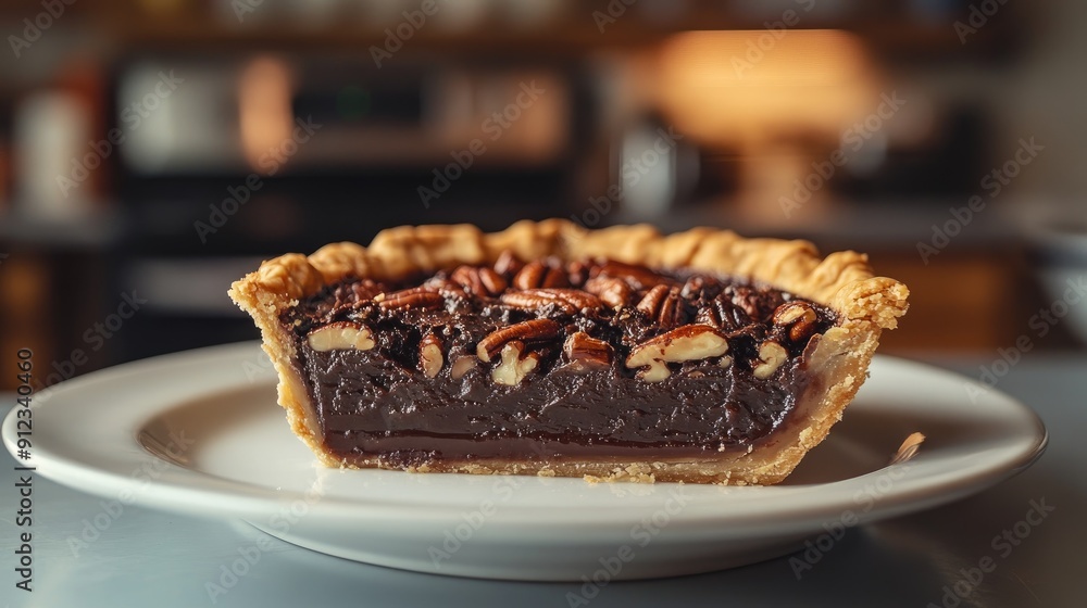 Aufkleber a slice of pie with nuts on top of a white plate. the pie is cut in half and is placed on a table