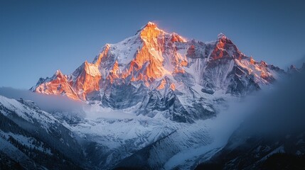 Fototapeta premium Majestic mountain range at sunrise with golden light illuminating the peaks and a clear blue sky