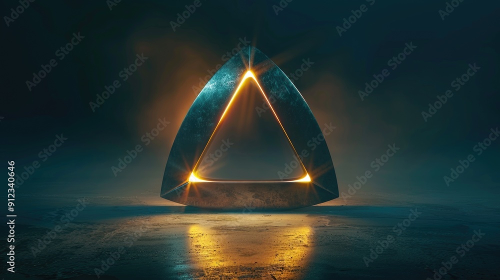 Poster a triangle-shaped object sits alone in the center of a dimly lit room, providing an eerie and myster