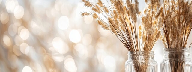 In a laboratory background with flasks containing natural wheat, there are flasks containing natural wheat