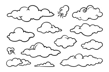 Adobe Illustrator Artwork, illustration of a collection of doodle clouds on a white background.