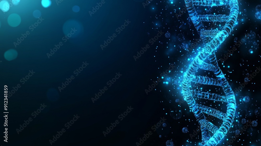 Poster biotechnology is represented by virtual dna strands float in a virtual space, symbolizing the conver
