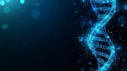Biotechnology is represented by virtual DNA strands float in a virtual space, symbolizing the convergence of information technology and genetics.