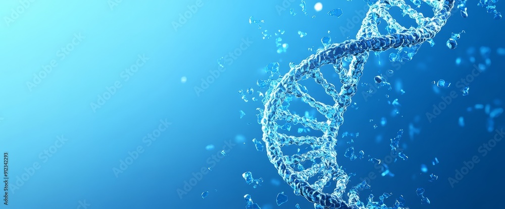 Poster three-dimensional rendering of blue dna strands, illustrating the double helix structure of dna. ide