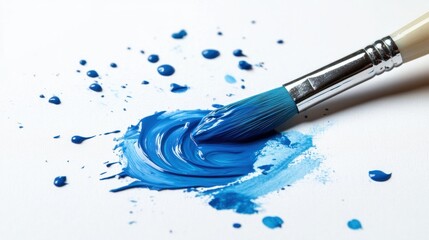 Paintbrush and Blue Paint Splashes