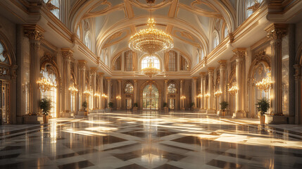 Obraz premium Grand Palace Banquet Hall with Ornate Architecture and Spacious Layout for Luxury Events
