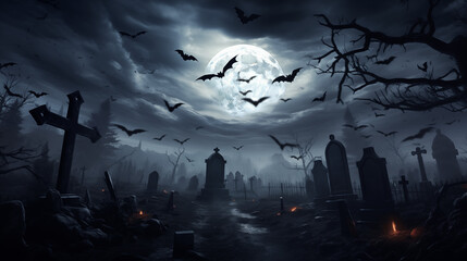Spooky Graveyard Under Full Moon with Bats and Misty Atmosphere Dark Gothic Cemetery with Tombstones and Flying Bats