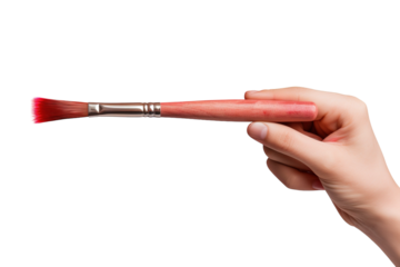 A Hand Holding a Red Paintbrush Against a White Background on a White or Clear Surface PNG Transparent Background