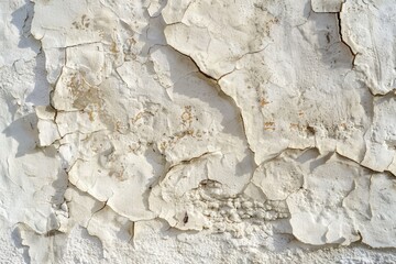 Fototapeta premium A close-up of a white wall with peeling paint, worn and distressed