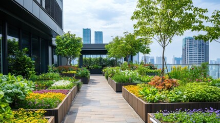 Obraz premium rooftop garden flourishing with diverse plants, showcasing urban sustainability and the benefits of green spaces in cities