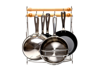 Shiny Silver Skillets Hung on Wooden Rails on a White or Clear Surface PNG Transparent Background
