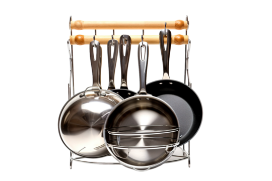 Shiny Silver Skillets Hung on Wooden Rails on a White or Clear Surface PNG Transparent Background