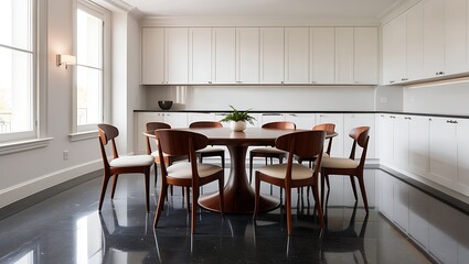 Bright and natural living room interior of a modern loft. interior with brown leather chairs, wooden table and decor,
