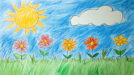A vibrant drawing depicting a sunny sky, fluffy clouds, and blooming flowers