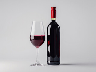 Elegant Red Wine Bottle and Glass Displayed on Minimalist Background at Studio