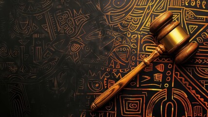 Abstract gavel with tribal patterns, representing indigenous law,  Indigenous Justice ,  cultural concept