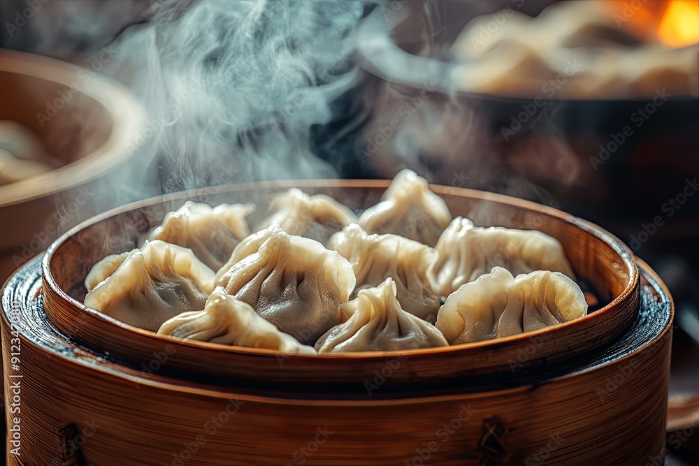 Poster a bowl of steaming dumplings with steam rising from them. the steam is white and billowing, creating