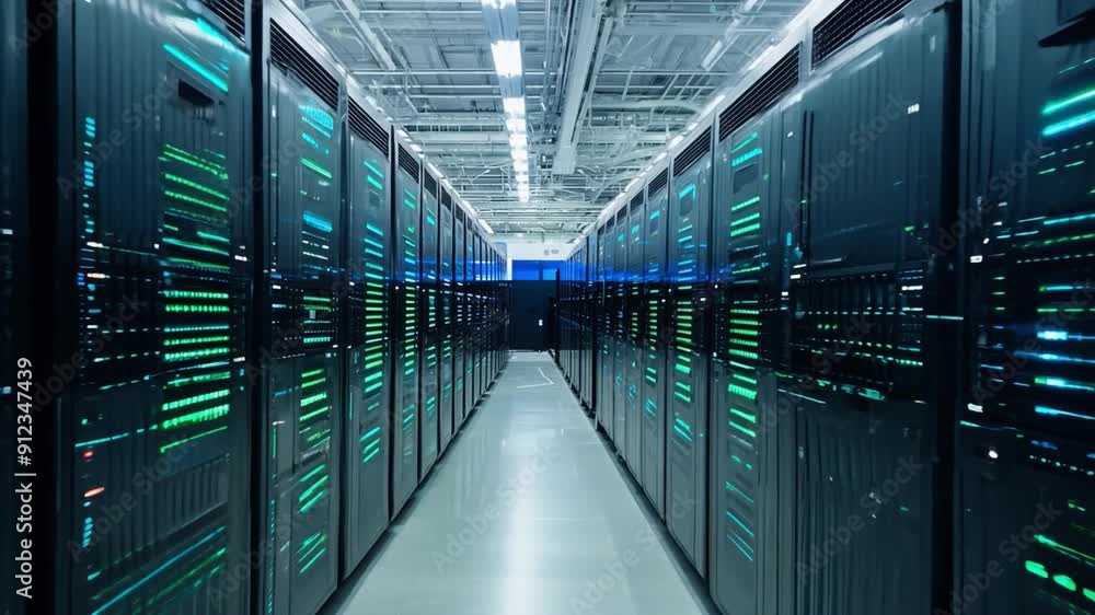 Poster a high-tech data center shows rows of servers with glowing led lights, highlighting the efficiency a
