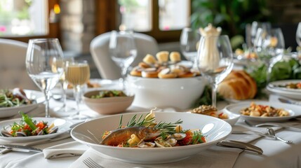Fototapeta premium Guests enjoy a beautifully arranged table with gourmet dishes and elegantly set glassware