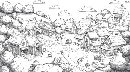 Black and white village map highlighting a hair salon, with very clear and detailed lines, perfect for coloring.