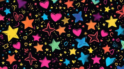 Fototapeta premium Vibrant stars and hearts create an energetic and playful design on black
