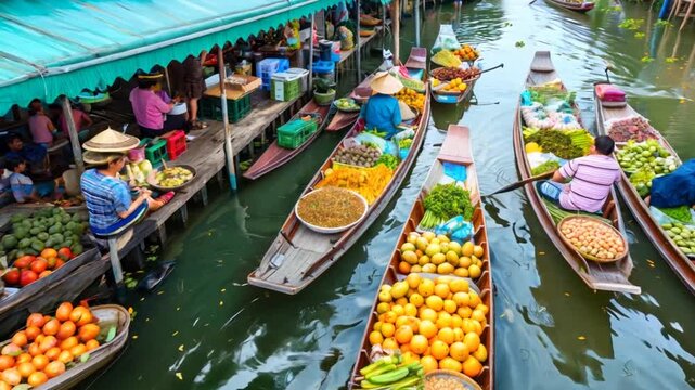 A floating market where vendors sell food on boats.