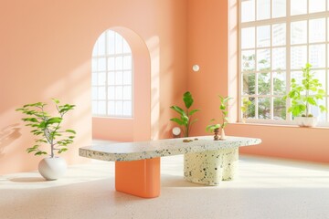 3D rendering of a modern office with terrazzo interior design, featuring a light green and peach color palette. White marble table with plants, curved shapes, and sunlight streaming through windows.