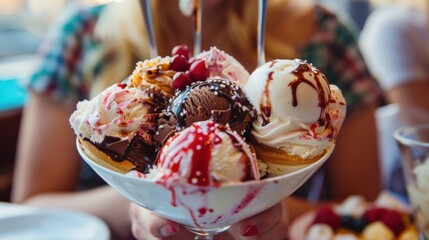A person joyfully indulges in a large sundae topped with various scoops of ice cream and colorful toppings at a vibrant ice cream shop
