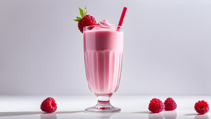 Raspberry milkshake with fresh raspberries on white background