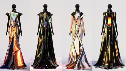 Ethereal Gown Inspired by Earth's Realms: Aquatic, Terrestrial, Atmospheric, and Volcanic Elements in a Futuristic Satin Creation