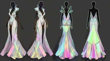 Ethereal Gown Inspired by Earth's Realms: Aquatic, Terrestrial, Atmospheric, and Volcanic Elements in a Futuristic Satin Creation