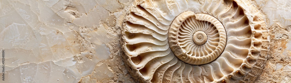 Poster ultra-detailed image of a fossilized ammonite, spiral chambers and suture patterns in focus, mineral