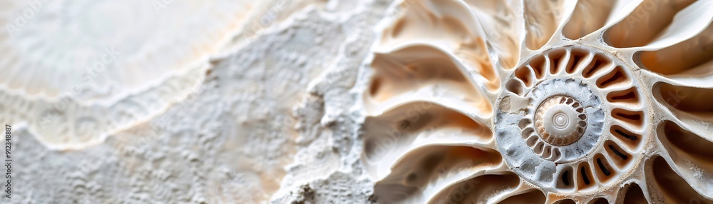 Poster ultra-detailed image of a fossilized ammonite, spiral chambers and suture patterns in focus, mineral
