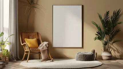 Frame & poster mockup in Boho style interior. 3d rendering, 3d illustration