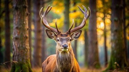 Naklejka premium Majestic deer, with powerful antlers and gentle eyes, wander through serene forests and woodlands, contributing to ecosystem balance through their peaceful foraging and grazing habits.