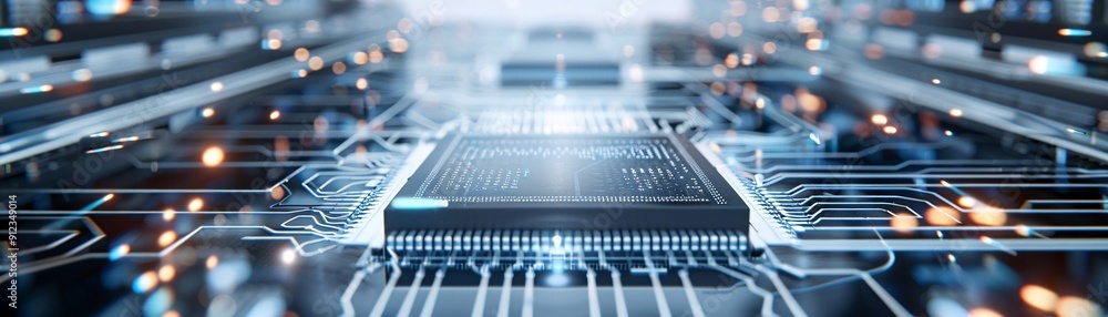 Poster Hyper-realistic photograph of a computer microchip surface, intricate circuit patterns and transistors visible, reflective metal surfaces, high dynamic range,