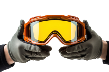 A Pair of Bright Orange Ski Goggles Held in Gloved Hands, Ready for Winter Fun on a White or Clear Surface PNG Transparent Background