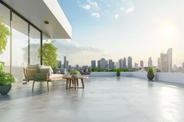Fototapeta premium Modern rooftop terrace with minimalist design, featuring wooden furniture and potted plants against a city skyline, captured in bright daylight with detailed textures of concrete flooring and neutral 