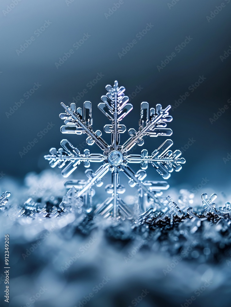 Poster extreme macro shot of a snowflake on dark background, intricate crystalline structure visible, shall